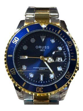 ORUSS 1853 Two‑Tone Blue Dial Diver Style Watch Quartz Date Magnifier Gold Silve